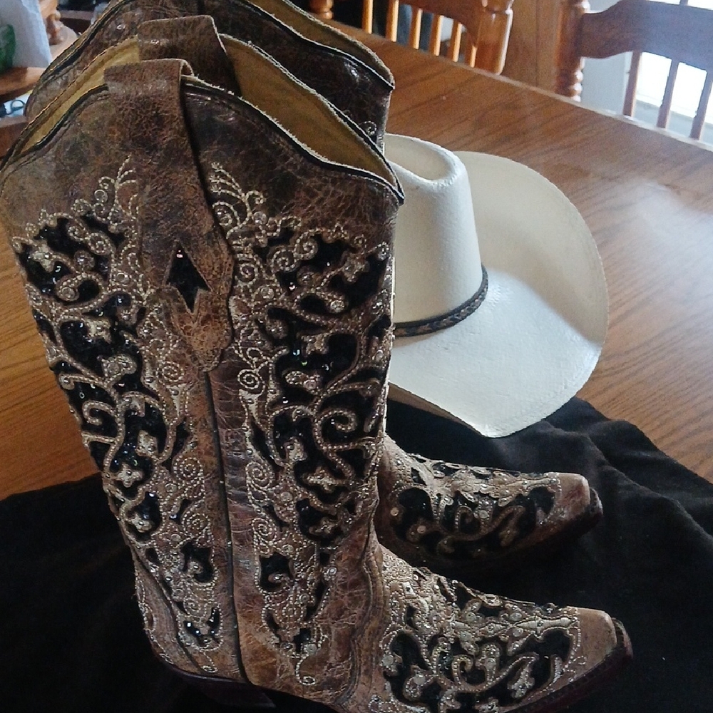 Corral Black and Brown Embroidered Heeled Boots